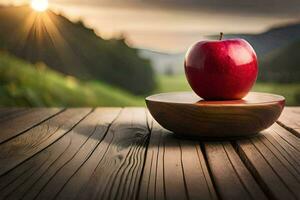 un manzana se sienta en un de madera mesa en frente de un puesta de sol. generado por ai foto