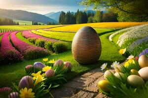 un Pascua de Resurrección huevo es sentado en el medio de un campo. generado por ai foto