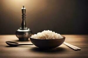 a bowl of rice and chopsticks on a wooden table. AI-Generated photo