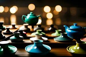 a table with many colorful teapots and cups. AI-Generated photo