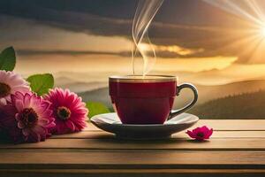the sun rises over the mountains and flowers in the background. AI-Generated photo