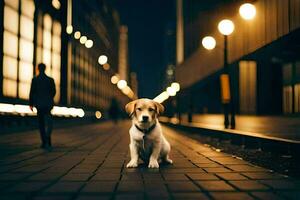 a dog sitting on the sidewalk at night. AI-Generated photo