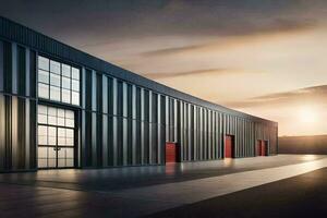 un grande industrial edificio con rojo puertas generado por ai foto
