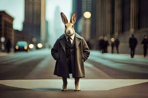 a rabbit dressed in a suit and tie standing on a street. AI-Generated photo