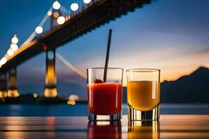 two glasses of juice with a bridge in the background. AI-Generated photo