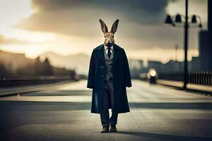 a rabbit wearing a suit and tie on the street. AI-Generated photo