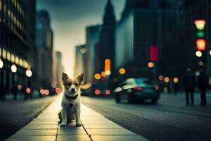 a dog sitting on the sidewalk in the middle of a city. AI-Generated photo