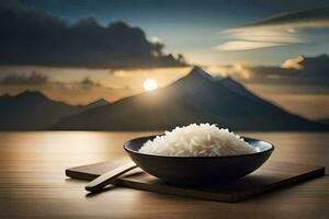 a bowl of rice on a table with mountains in the background. AI-Generated photo