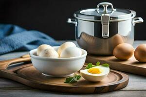 a bowl of eggs, a pot and a pan on a cutting board. AI-Generated photo