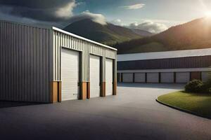 a large warehouse with two doors and a garage door. AI-Generated photo