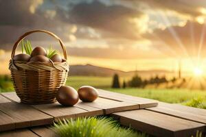 easter eggs in a basket on a wooden table. AI-Generated photo