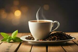 a cup of coffee with a cup of tea on a wooden table. AI-Generated photo