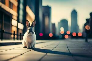 un Conejo es sentado en el acera en frente de un ciudad. generado por ai foto