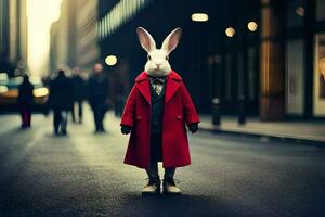 a rabbit wearing a red coat and tie standing on a city street. AI-Generated photo