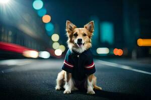 a dog wearing a jacket sitting on the street at night. AI-Generated photo