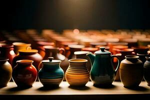 a row of colorful vases on a table. AI-Generated photo