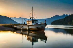 a boat sits on the shore of a lake at sunset. AI-Generated photo