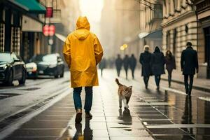 a man in a yellow raincoat walking his cat on a rainy street. AI-Generated photo