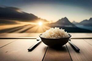 rice in a bowl on a table with mountains in the background. AI-Generated photo