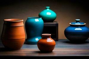 a group of colorful vases sitting on a table. AI-Generated photo