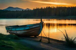 a boat sits on the shore of a lake at sunset. AI-Generated photo