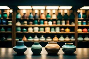 a row of colorful vases sit on a table. AI-Generated photo