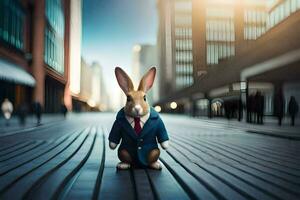 a rabbit wearing a suit and tie standing on a street. AI-Generated photo