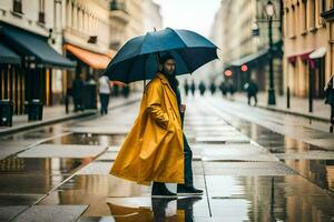 un mujer en un amarillo impermeable y negro paraguas caminando abajo un calle. generado por ai foto