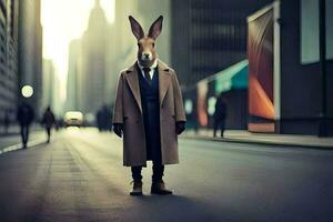 a rabbit wearing a suit and tie on the street. AI-Generated photo