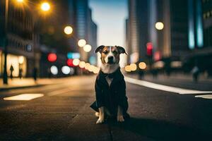 a dog in a suit sitting on the street at night. AI-Generated photo