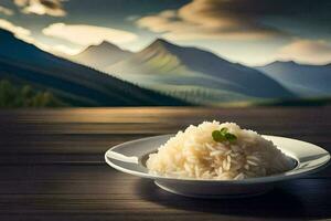 a plate of rice on a table in front of mountains. AI-Generated photo