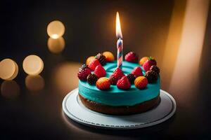 a blue birthday cake with a single candle. AI-Generated photo