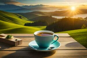 a cup of tea on a wooden table in front of a beautiful landscape. AI-Generated photo