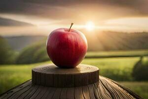 un manzana se sienta en parte superior de un de madera tocón en frente de un puesta de sol. generado por ai foto