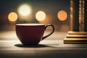 un rojo taza se sienta en un de madera mesa en frente de un libro. generado por ai foto