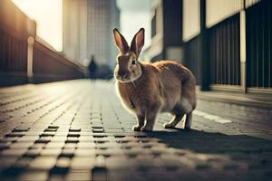 a rabbit is standing on a street in the city. AI-Generated photo