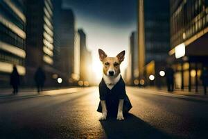 a dog in a suit sitting on the street. AI-Generated photo