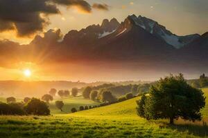 the sun rises over a mountain range with trees and grass. AI-Generated photo