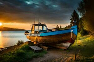 a boat sits on the shore at sunset. AI-Generated photo