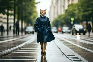 un zorro vistiendo un máscara y Saco en un lluvioso calle. generado por ai foto