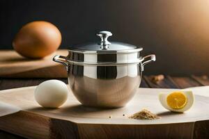 a stainless steel pot with an egg and an eggshell on a cutting board. AI-Generated photo