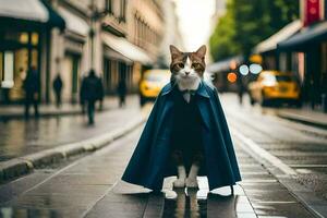 a cat dressed in a blue cloak and tie standing on a city street. AI-Generated photo