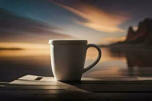 a coffee cup sits on a wooden table overlooking the ocean. AI-Generated photo