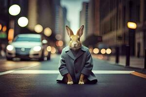 a rabbit in a coat sitting on the street. AI-Generated photo