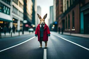 a rabbit wearing a red coat and tie standing on the street. AI-Generated photo