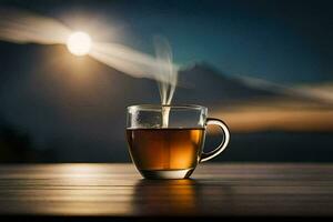 a cup of tea on a table with the sun in the background. AI-Generated photo