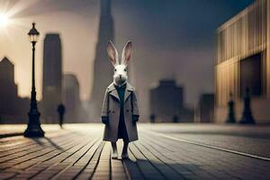 a rabbit in a trench coat standing on a street. AI-Generated photo