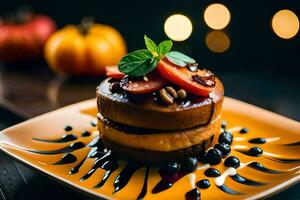 a stack of pancakes with fruit and nuts on top. AI-Generated photo