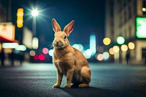 a rabbit sitting on the street at night. AI-Generated photo