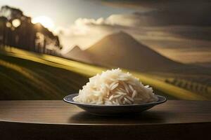 rice in a bowl on a table in front of a mountain. AI-Generated photo